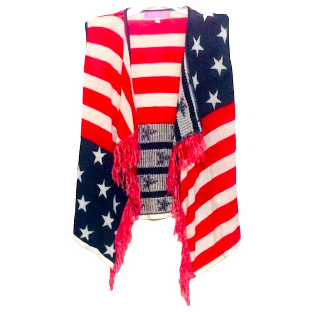 ⭐️ Say What? American Flag fringe shawl vest shrug cardigan Made in USA S